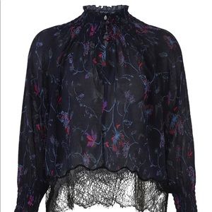 Tanya Taylor Chloe-vibe Size 4 Blue Floral Smock Neck & Wrist Lace. Date night!